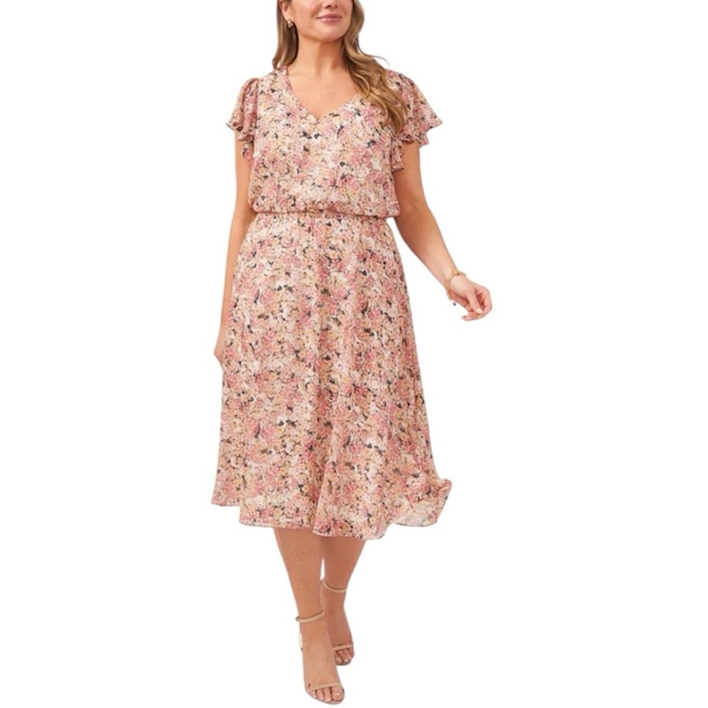 MSK Floral Print Short Flutter Sleeve Mid Calf Dress Size 2X